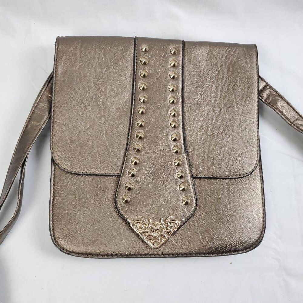 Bronze Studded Crossbody Purse Small Satchel Faux Leather with Gold Detail 11x9